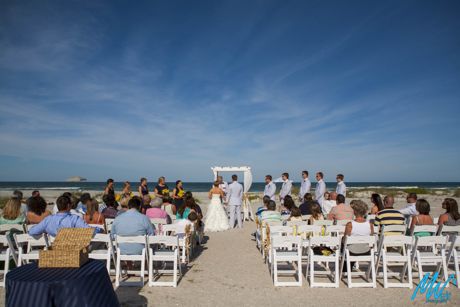 wide angle shot of beach wedding ceremony
