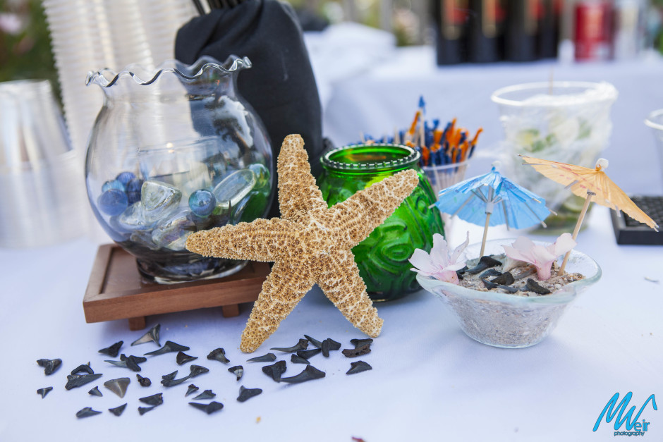 beach themed table decorations with starfish and shark teeth