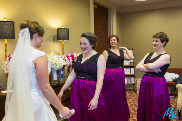 bridesmaid sees her sister in her wedding dress for first time