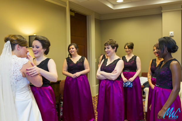 bridesmaid sees bride for first time in her dress