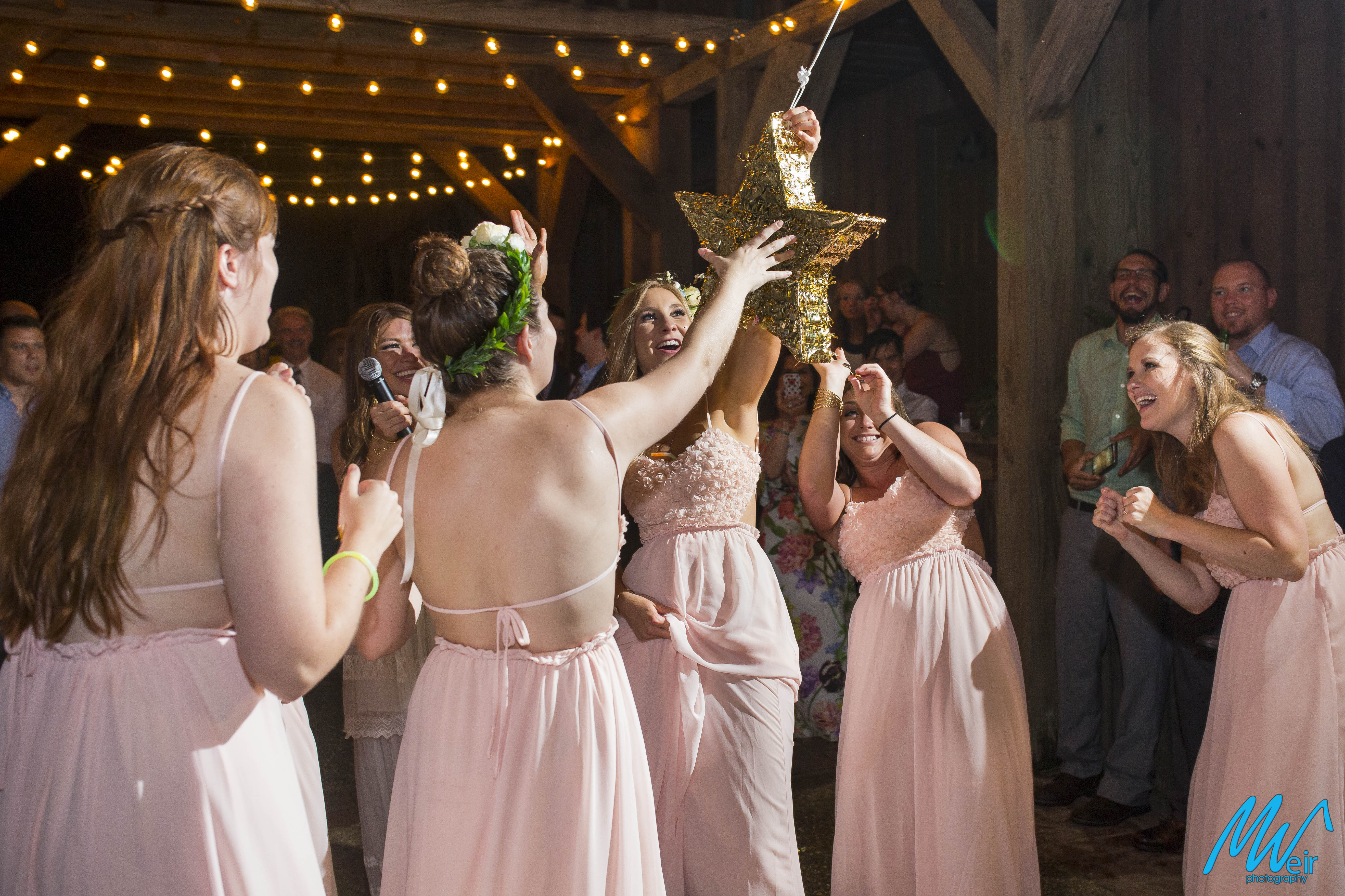 bridesmaids hit pinata at an outdoor wedding reception