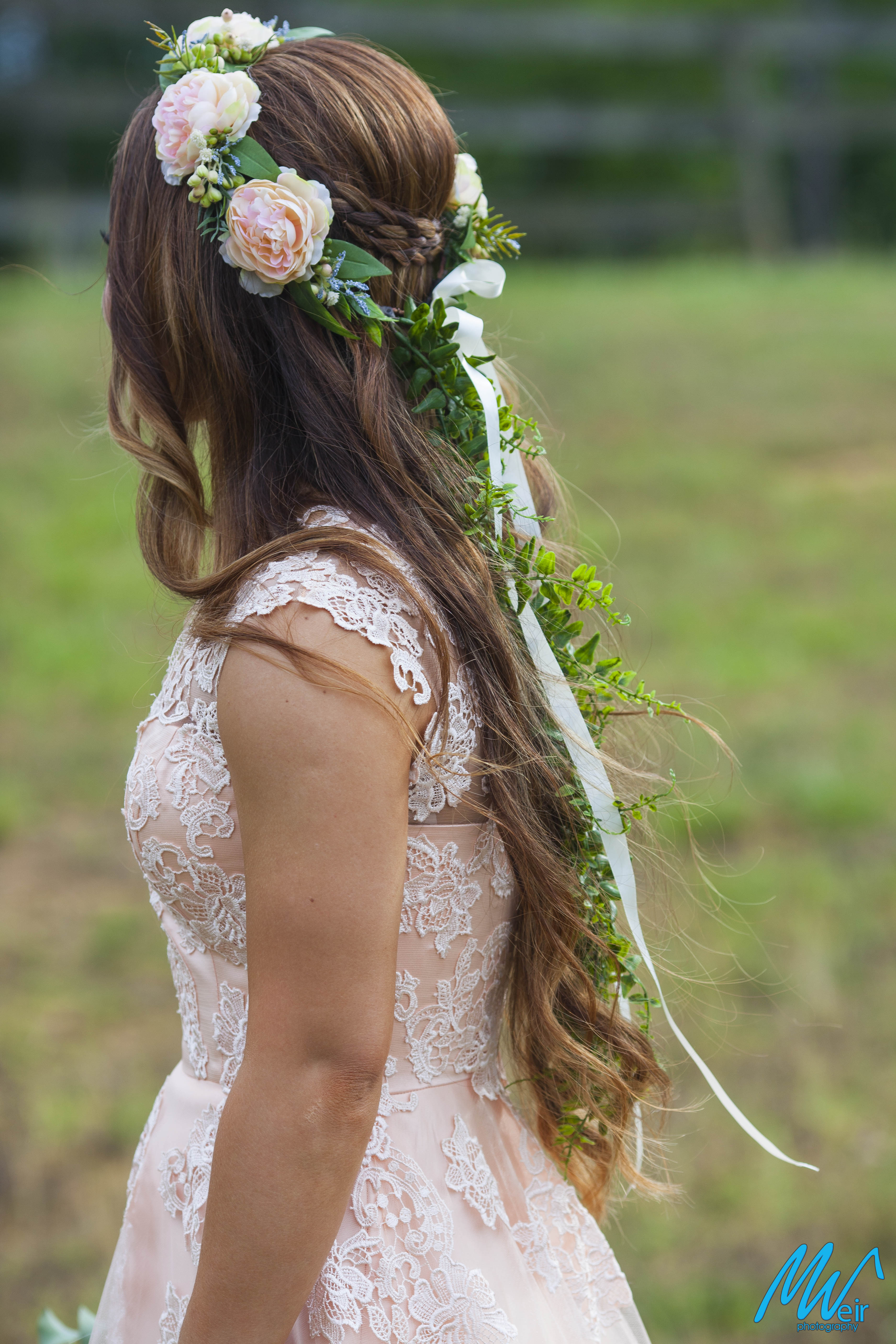 boho hipster bride in a blush dress and floral headband
