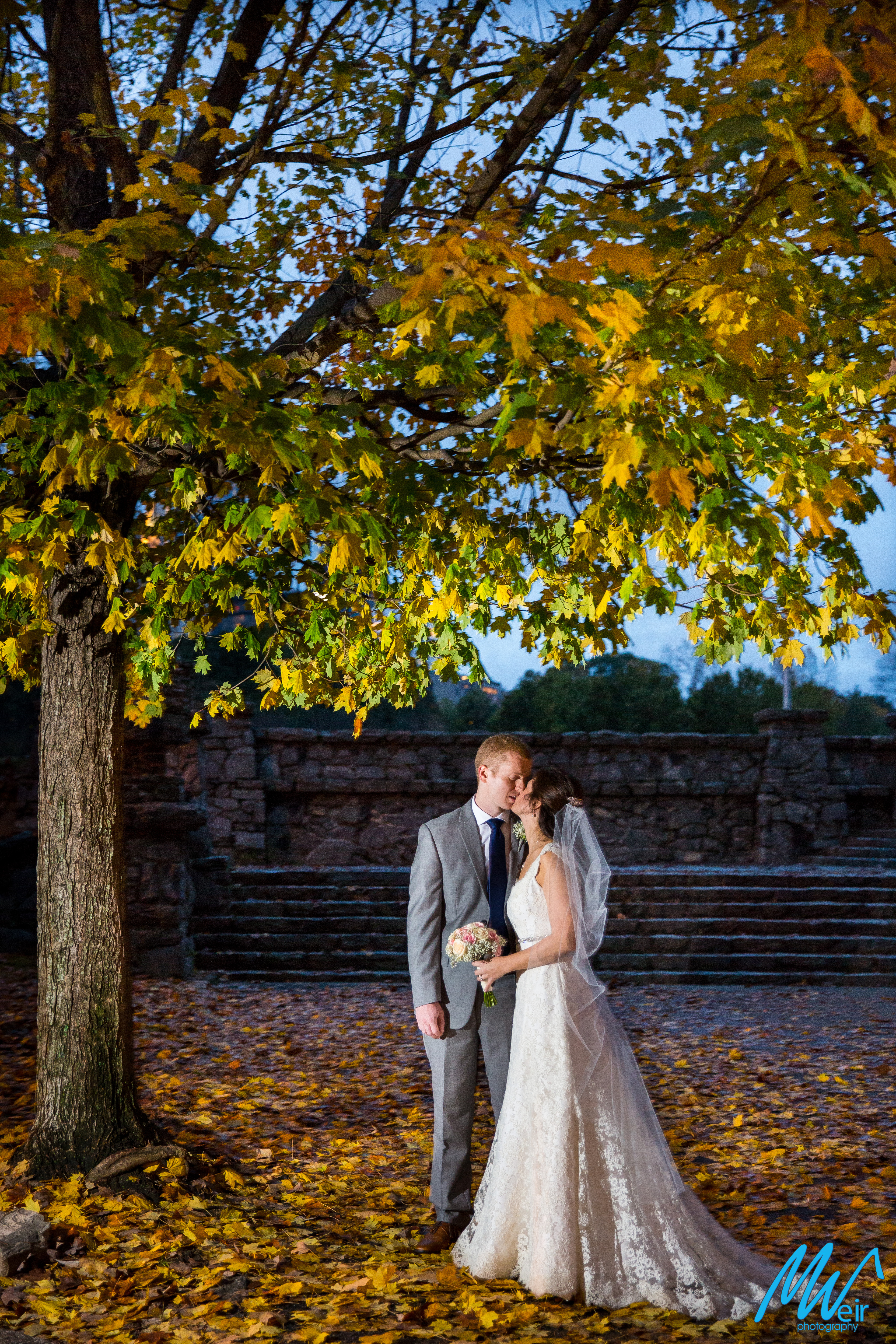 bride and groom kiss under yellow tree