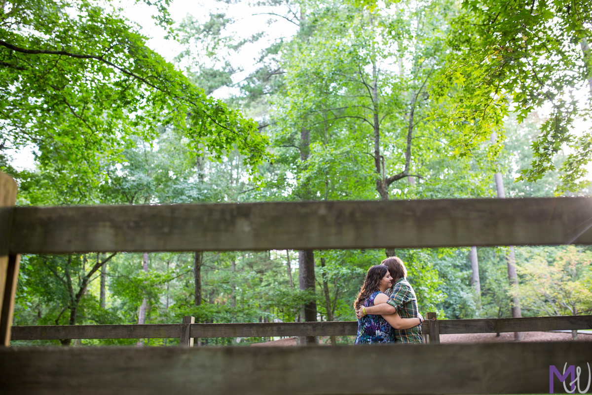 nerd couple engagement shoot in woods, waterfall, bridge, and field