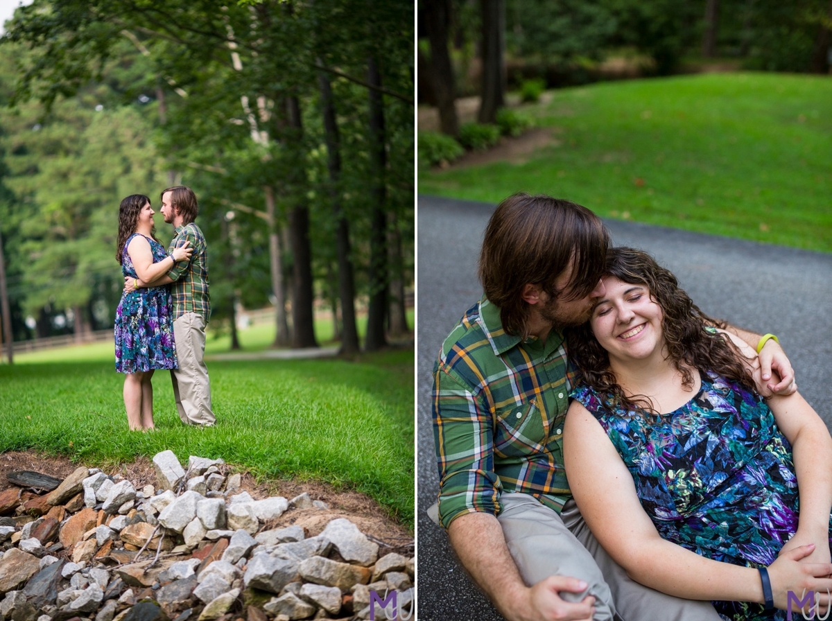 nerd couple engagement shoot in woods, waterfall, bridge, and field