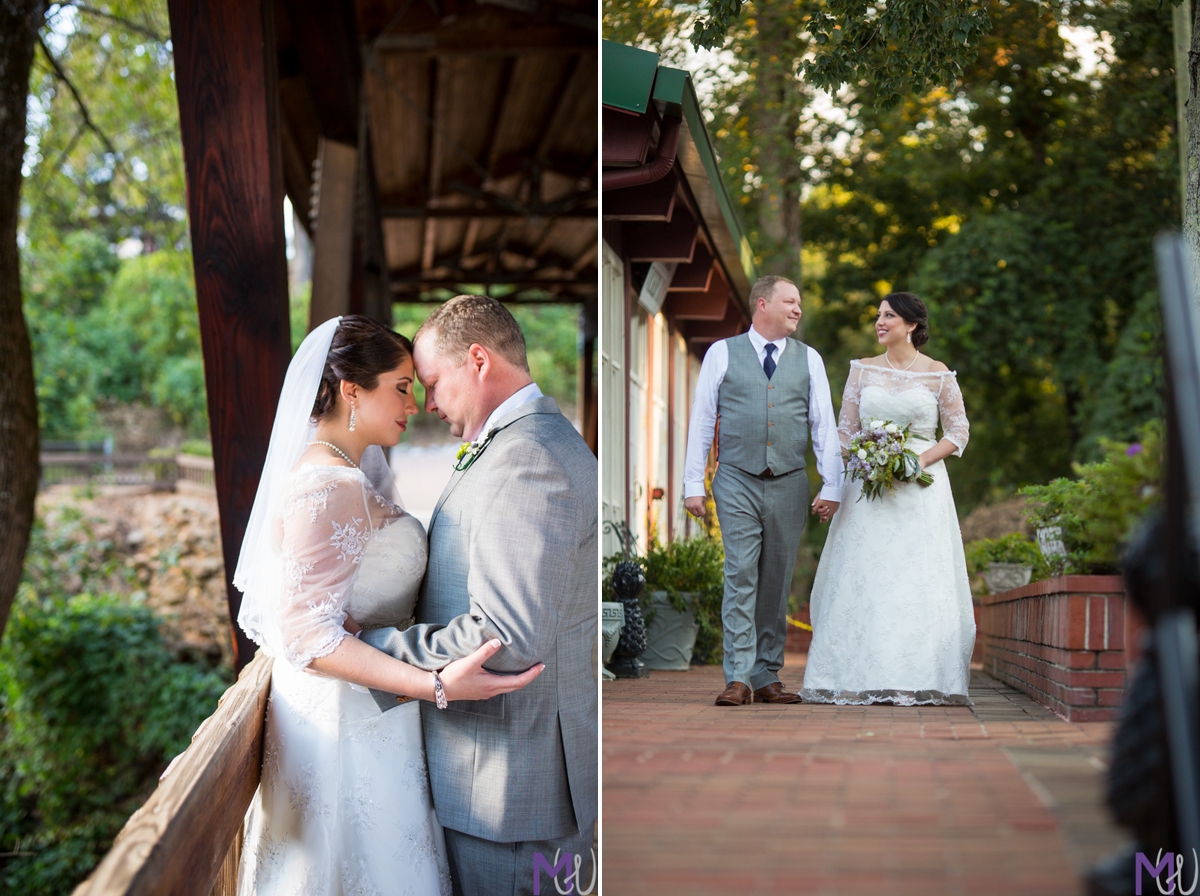 bride and groom on roswell mill bridge