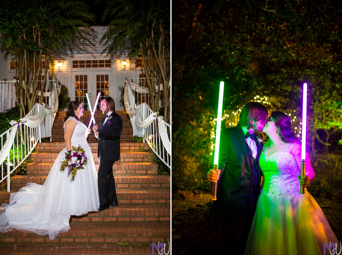 bride and groom with light sabers