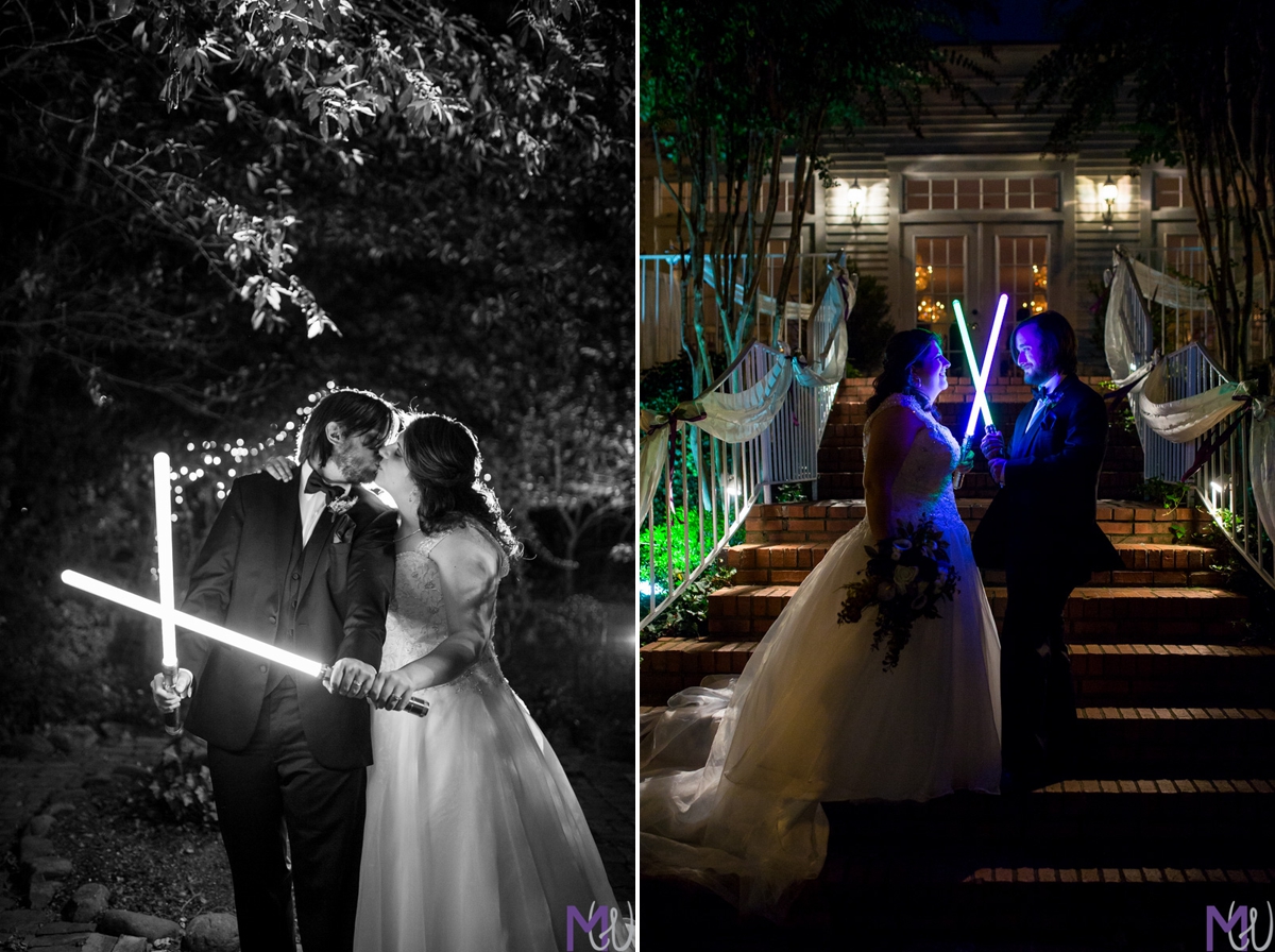 bride and groom with light sabers