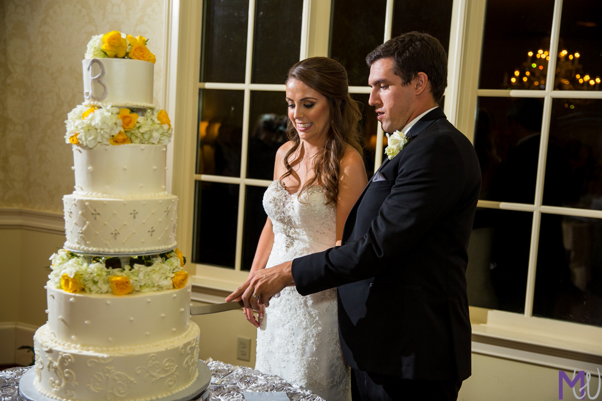 bride and groom cut the wedding cake