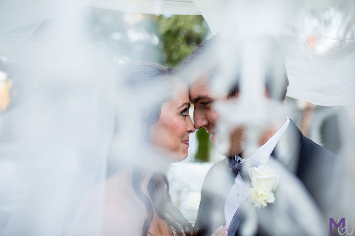 bride and groom through a veil