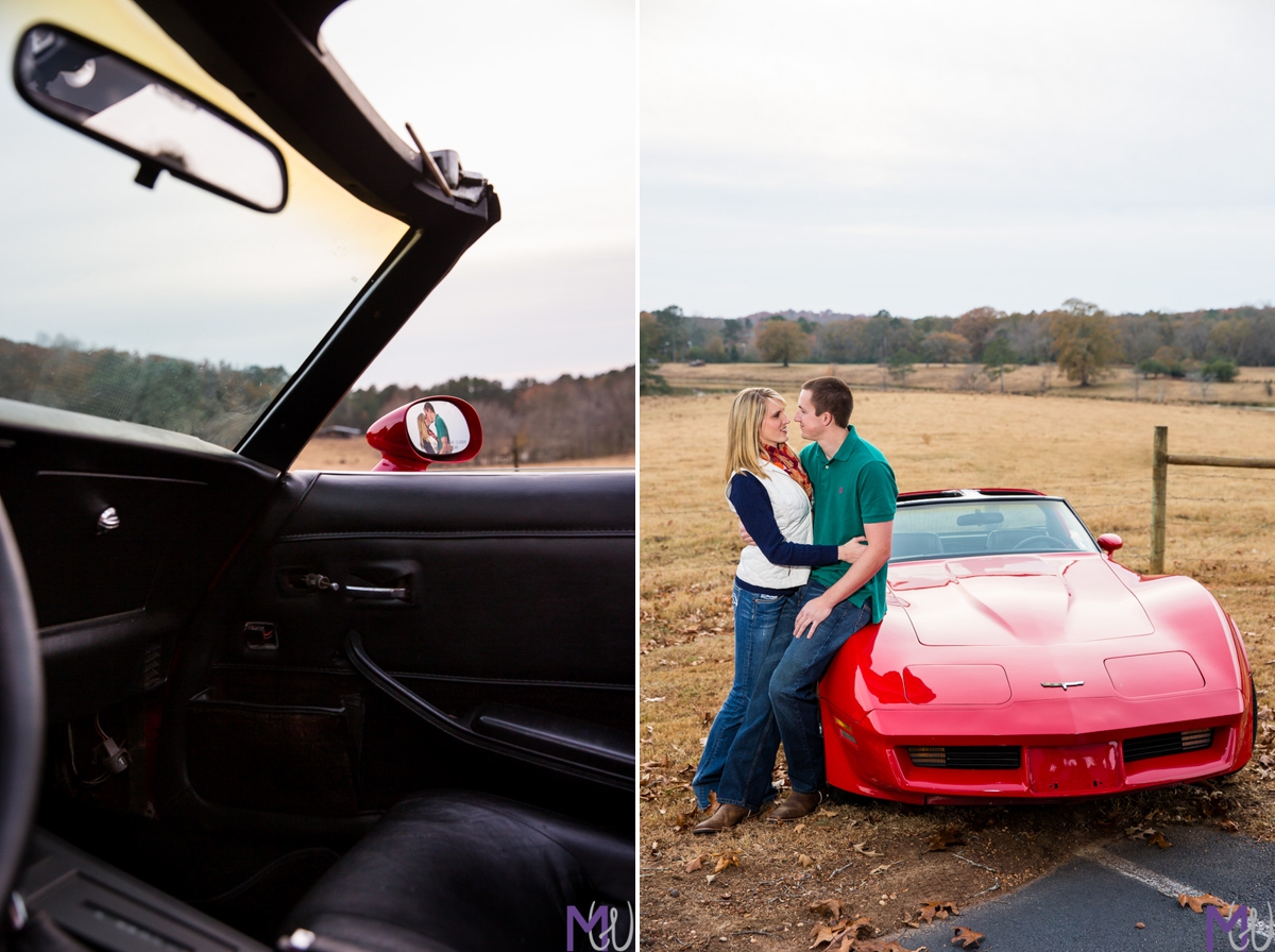 engagement shoot with a red corvette