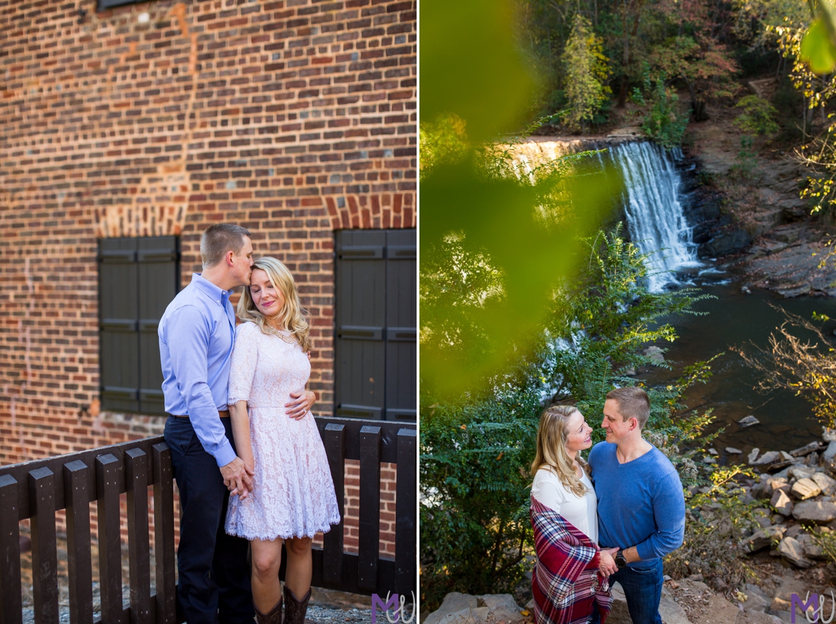 couple in front of old mill and water falls
