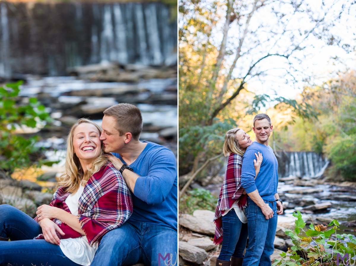 couple down by the river by roswell mill waterfall