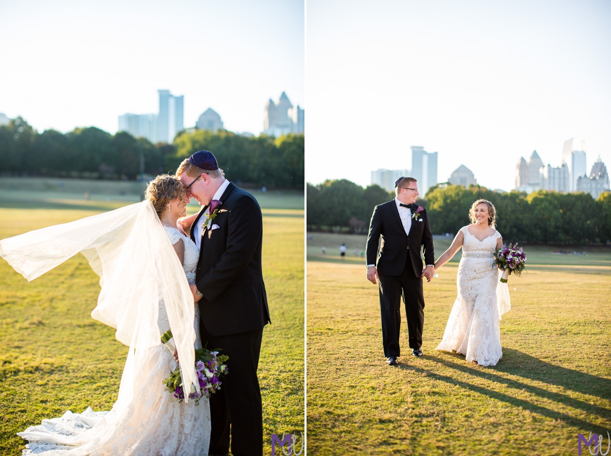 brid and groom kiss in piedmont park