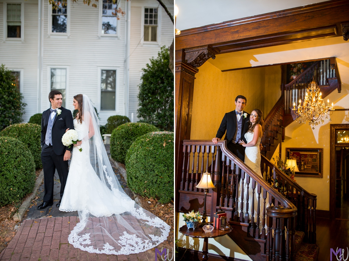 bride and groom on old wood staircase