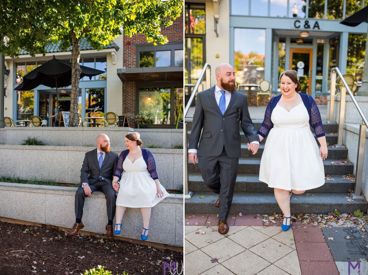 bride and groom walking down stairs