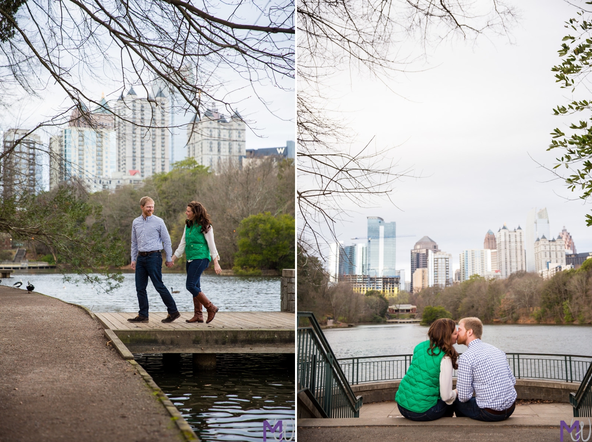 engaged couple in piedmont park with atlanta skyline view