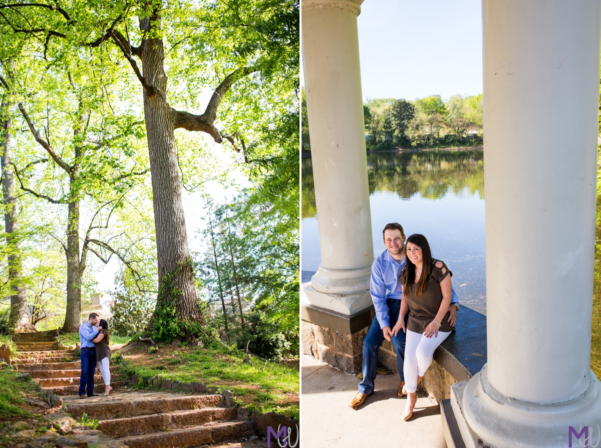 bride and groom in a gazebo on a lake in piedmont park