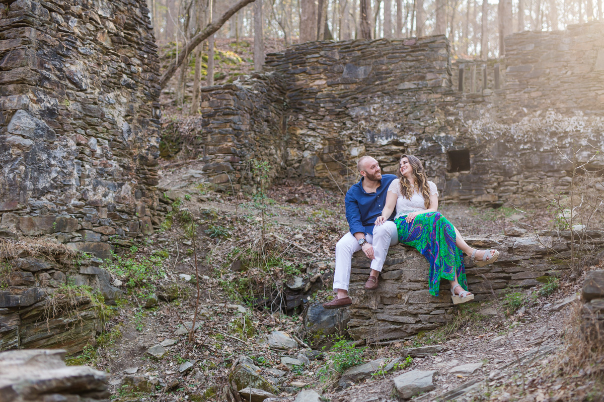 Sope Creek Mill Ruins engagement photos in the spring with a rustic look