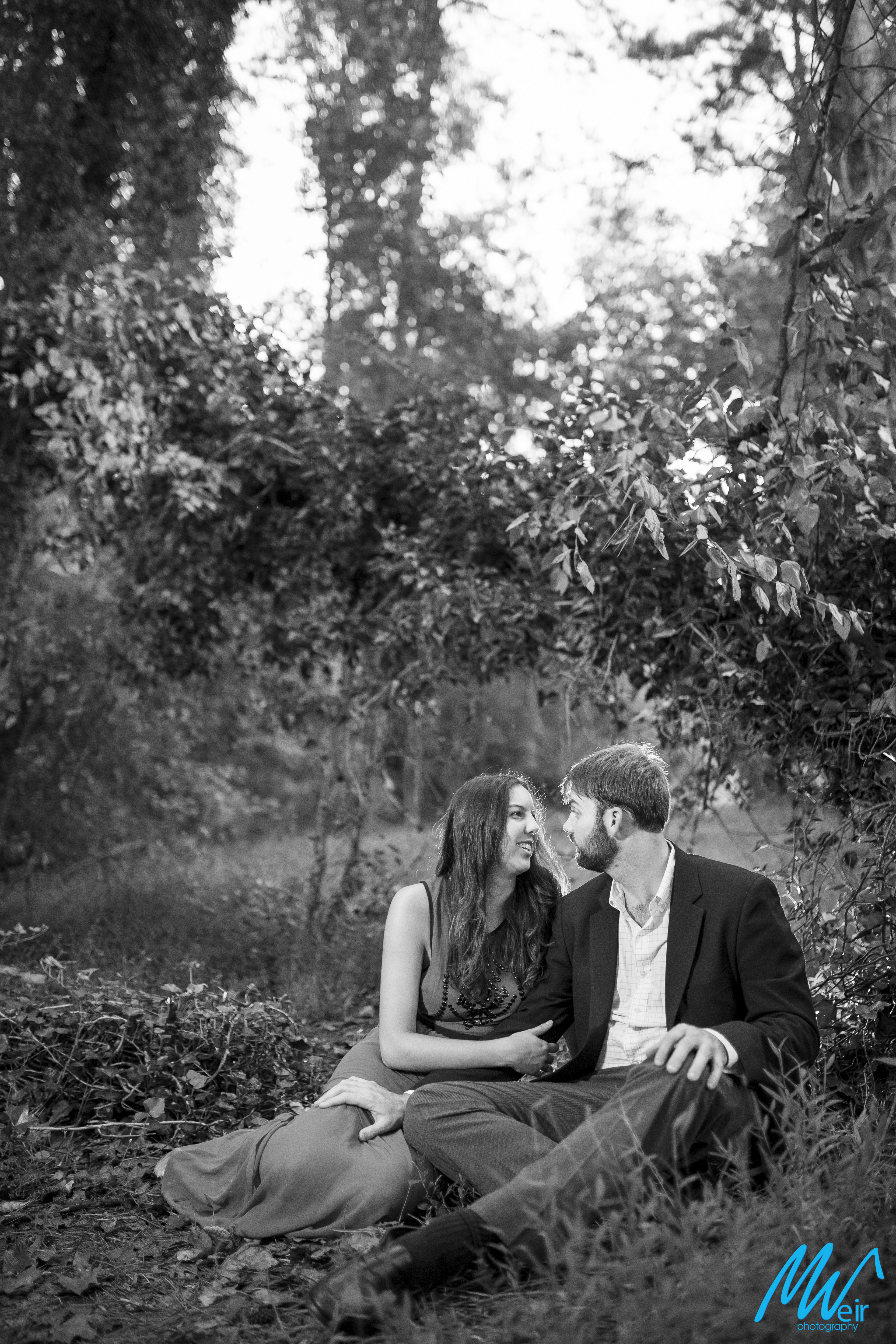black and white image of engaged couple sitting in the grass under a low hanging tree